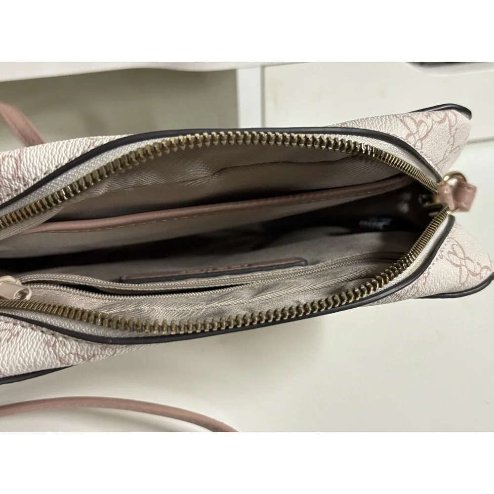 Nine West Beige/Brown Logo Small Crossbody Zip Top Adjustable Strap, Pockets